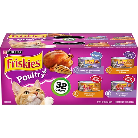 Friskies Meaty Bits and Prime Filets Adult Turkey and Chicken in Gravy Wet Cat Food Variety Pack, 5.5 oz. Can, Pack of 32