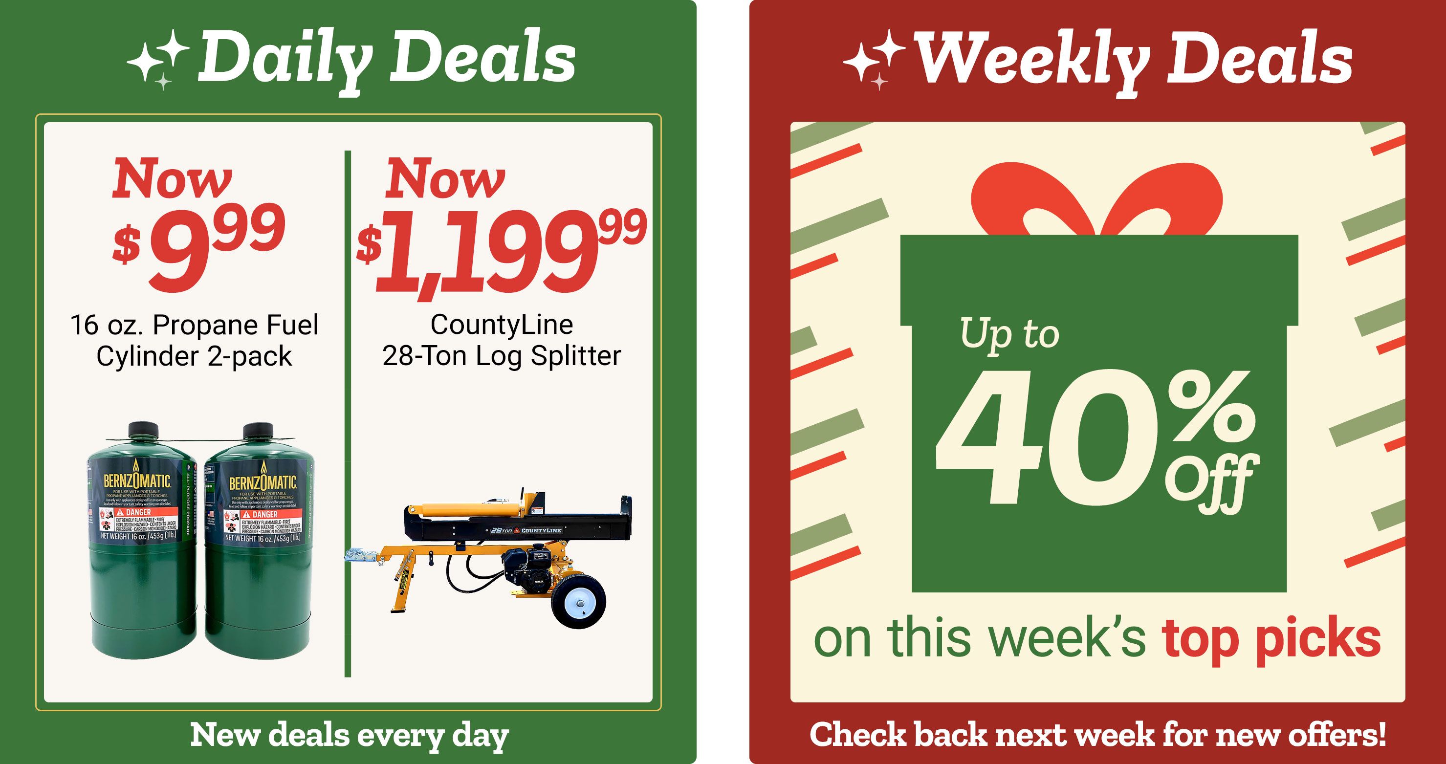 Tractor Supply Company promotion. Daily Deals include 16 oz Bernzomatic propane fuel cylinder 2 pack now 9.99 and CountyLine 28 ton log splitter now 1,199.99. Weekly Deals offer up to 40 percent off on this week's top picks. Text reads New deals every day and Check back next week for new offers.