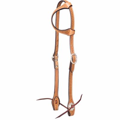 Tough-1 Leather Basket Stamped One Ear Headstall with Silver Hardware