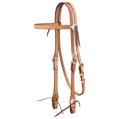 Tough-1 Leather Basket Stamped Straight Brow Headstall with Silver Hardware