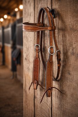 Image showing  Leather Barbwire Wide Brow Headstall, Medium Oil