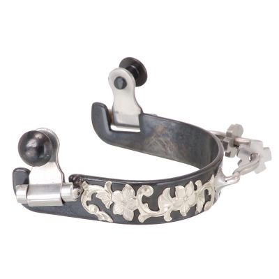 Tough1 Women's Steel Bumper Spurs with Engraved Floral Silver Overlay, Black