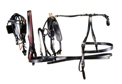 Tough-1 Leather Miniature Horse Driving Harness with Brass Trimmings, Black