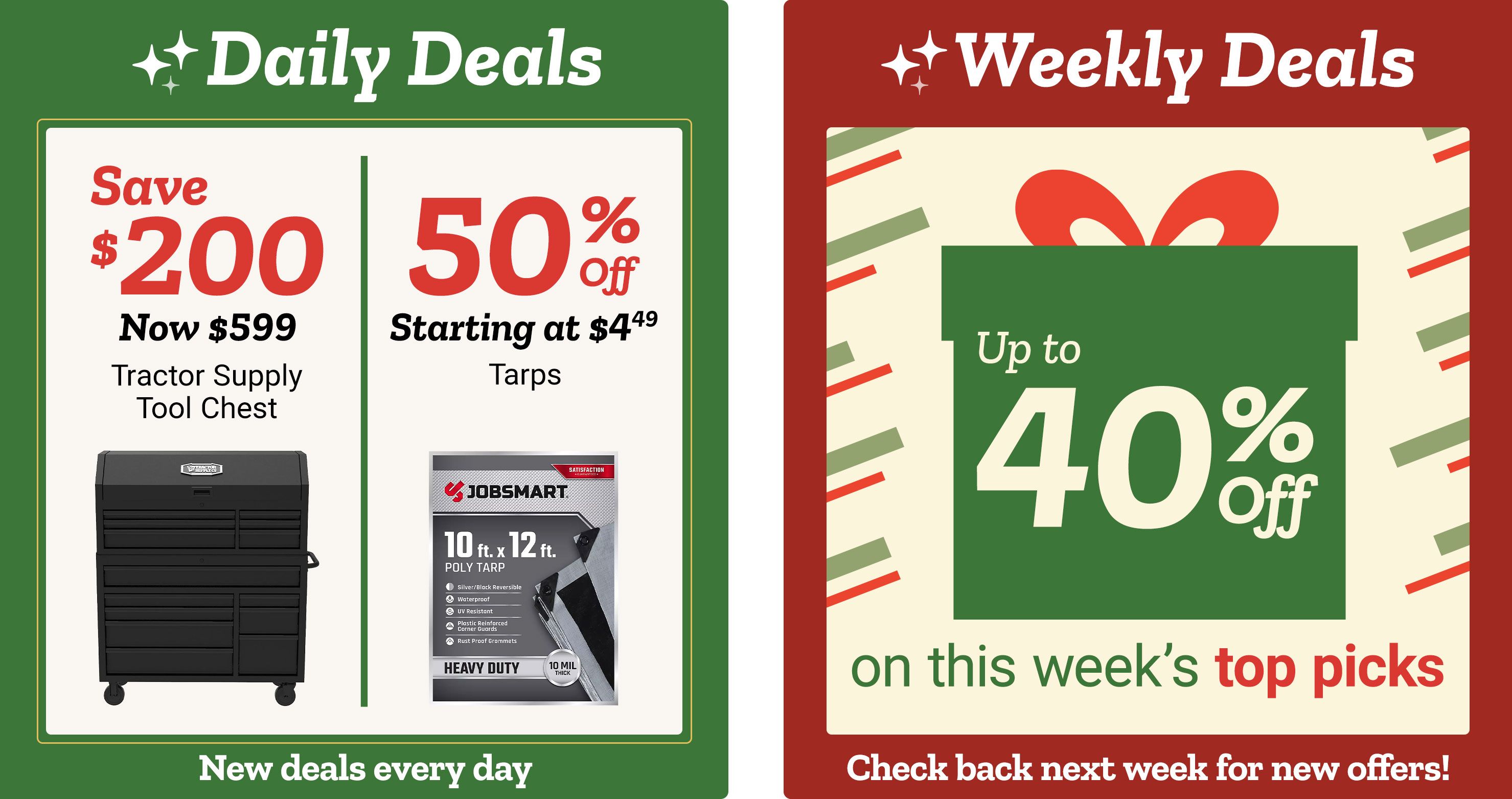Side-by-side promotional layout for daily and weekly deals.   Left panel has a green background featuring daily deals. It advertises saving 200 dollars on a Tractor Supply tool chest, now priced at 599 dollars. The tool chest is shown in black with multiple drawers and caster wheels. Next to it is a promotion for tarps at fifty percent off, illustrated with a JobSmart ten-foot by twelve-foot heavy-duty poly tarp in its packaging.   Right panel highlights weekly deals with a large green gift-box graphic and text reading up to forty percent off this week’s top picks, set against a cream background with red and green festive accents.