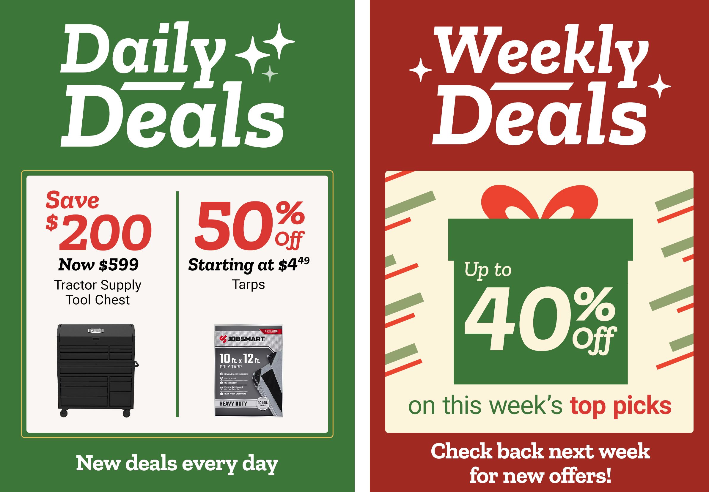 Side-by-side promotional layout for daily and weekly deals.   Left panel has a green background featuring daily deals. It advertises saving 200 dollars on a Tractor Supply tool chest, now priced at 599 dollars. The tool chest is shown in black with multiple drawers and caster wheels. Next to it is a promotion for tarps at fifty percent off, illustrated with a JobSmart ten-foot by twelve-foot heavy-duty poly tarp in its packaging.   Right panel highlights weekly deals with a large green gift-box graphic and text reading up to forty percent off this week’s top picks, set against a cream background with red and green festive accents.