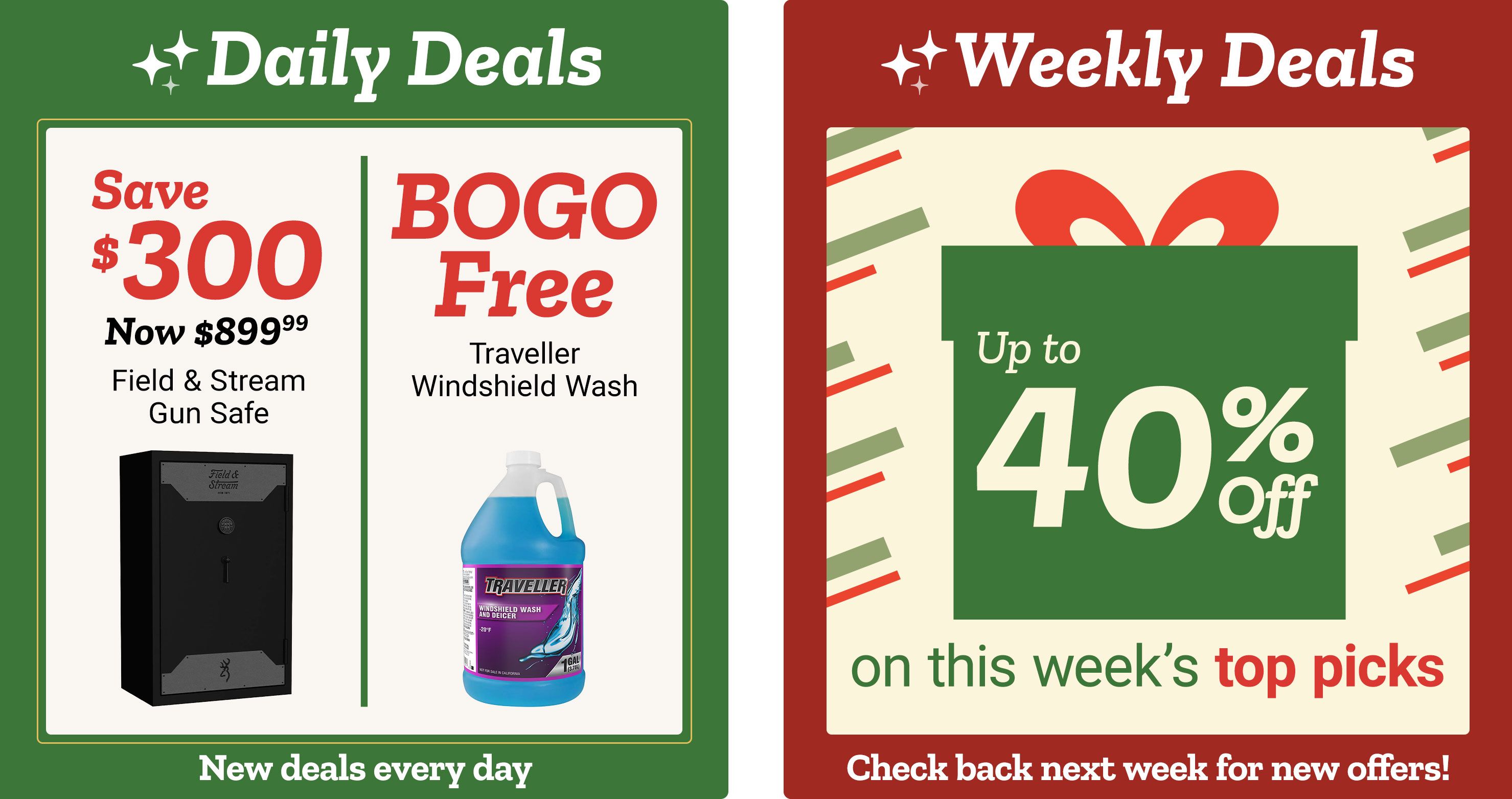 Daily Deals section with two offers. The first offer says Save 300 dollars, now 899.99 dollars for a Field and Stream gun safe, shown as a tall black safe with a silver panel. The second offer says BOGO Free for Traveller windshield wash, shown as a one-gallon blue jug. A footer reads New deals every day. Weekly Deals section on the right shows a large green gift-box graphic with text reading Up to forty percent off on this week's top picks, with decorative red and green stripes in the background. A footer says Check back next week for new offers.