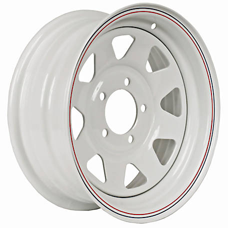 15 x 5 White Spoke Trailer Wheel with Red and Blue Pin Stripe 5 Lug 4.5 Bolt Circle with Center Cap and Valve Stem 