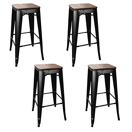 AmeriHome Loft Metal Bar Stools with Wood Seats, Black, 4 pc.