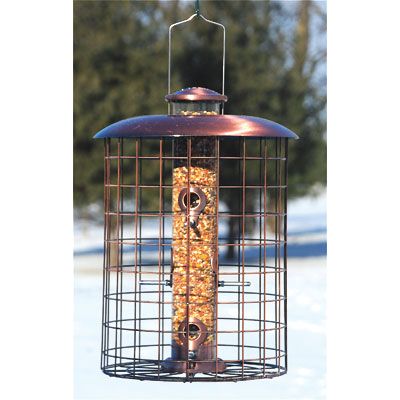 Image showing  1.25 lb. 6-Port Brushed Copper Caged Seed Bird Feeder