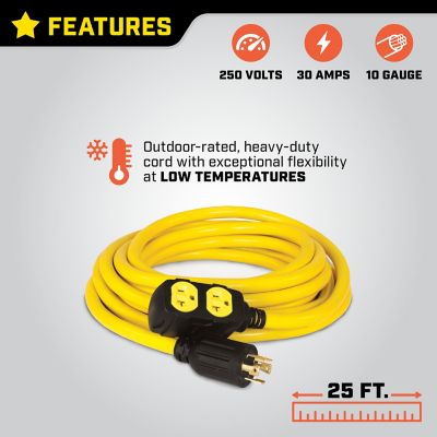 Image showing  25 ft. 125/250V 30A Duplex-Style Generator Extension Cord, L14-30P to Four 5-20R