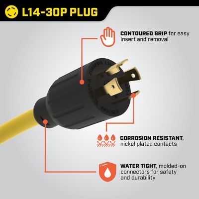 Image showing  25 ft. 125/250V 30A Duplex-Style Generator Extension Cord, L14-30P to Four 5-20R