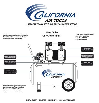 Image showing 6 th California Air Tools 2 HP 15 gal. Ultra Quiet and Oil-Free Steel Tank Air Compressor