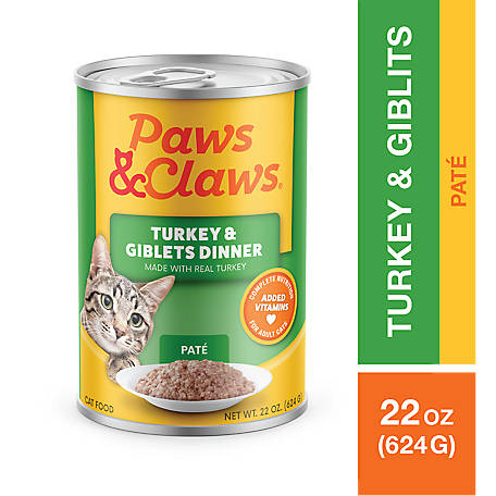 Paws & Claws Adult/Kitten Turkey and Giblets Pate Wet Cat Food, 22 oz.