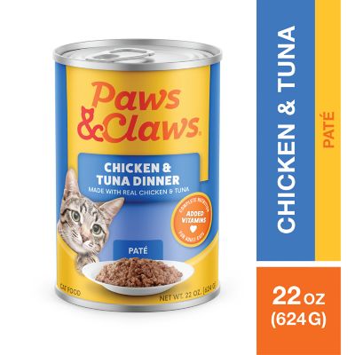 Paws & Claws Adult/Kitten Complete Nutrition Chicken and Tuna Pate Wet Cat Food, 22 oz