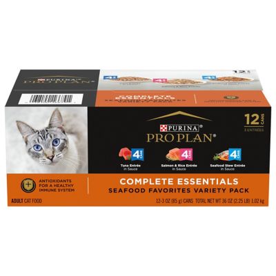 Purina Pro Plan High Protein Wet Cat Food Variety pk., Complete Essentials Seafood Favorites - (12) 3 oz. Cans