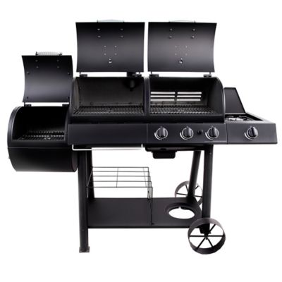 Image showing  3-Burner Longhorn Propane Gas and Charcoal Combination Grill and Smoker, Black, With Side Burner