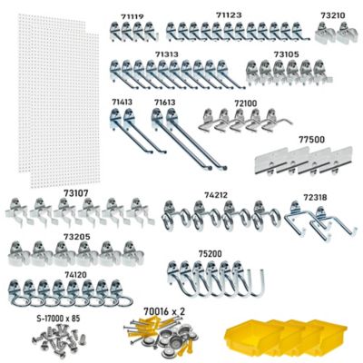 Image showing  24 in. x 48 in. x 1/4 in. DuraBoard White Polypropylene Pegboards with 79 pc. DuraHook, 4 Bins, Hardware, 2 pc.