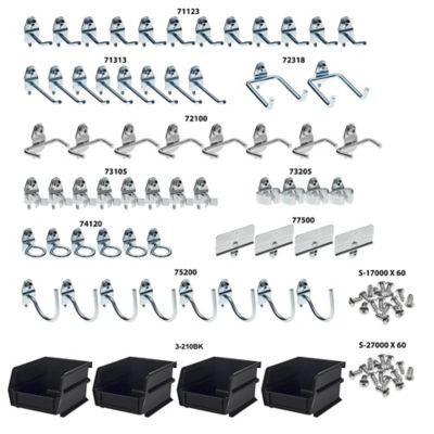 Image showing  Zinc Plated Steel Hook and Bin Assortment for 1/8 in. and 1/4 in. Pegboard, 60 Asst Hooks and 4 Bins, 64 pc.