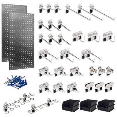 Triton Products Two 18 x 36 x 1/2 in. 304 Square Hole Pegboards, 32 pc. LocHook & 3 Plastic Hanging Bins
