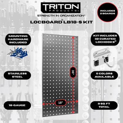 Image showing  Two 18 x 36 x 1/2 in. 304 Square Hole Pegboards, 32 pc. LocHook & 3 Plastic Hanging Bins