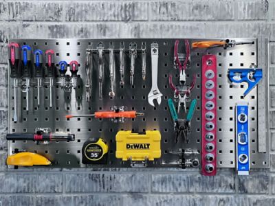 Image showing  Two 18 x 36 x 1/2 in. 304 Square Hole Pegboards, 32 pc. LocHook & 3 Plastic Hanging Bins