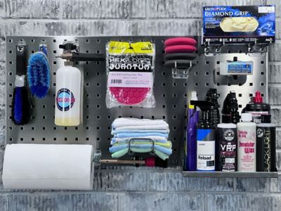 Image showing  Two 18 x 36 x 1/2 in. 304 Square Hole Pegboards, 32 pc. LocHook & 3 Plastic Hanging Bins