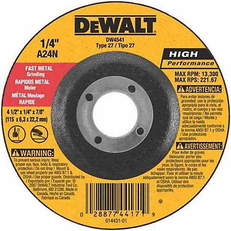 DeWALT DW4541 4-1/2 in. x 1/4 in. x 7/8 in. Type 27 High Performance Fast Metal Grinding Wheel, 13,300 RPM