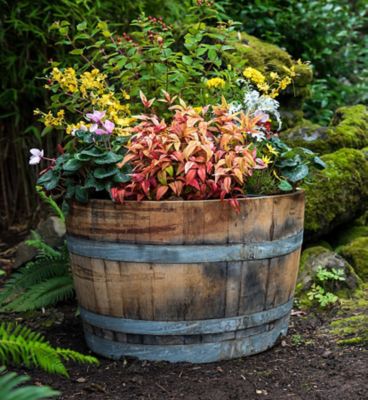 Wooden Barrel Planter Round 26 In Garden Flower Pot Durable Metal Bands Large 