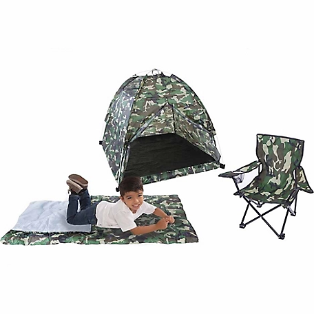 Pacific Play Tents Green Camo Set, 42 in. x 42 in. x 38 in. Tent, 14 in. x 10 in. Chair, 28 in. x 58 in. Sleeping Bag