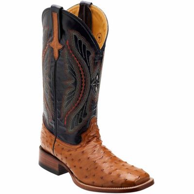 Ferrini Full Quill Ostrich Western Cowboy Boots, Cognac