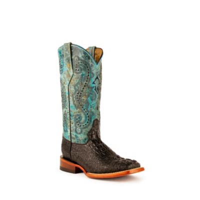 Ferrini Women's Print Caiman Black and Turquoise S-Toe Western Cowboy Boots