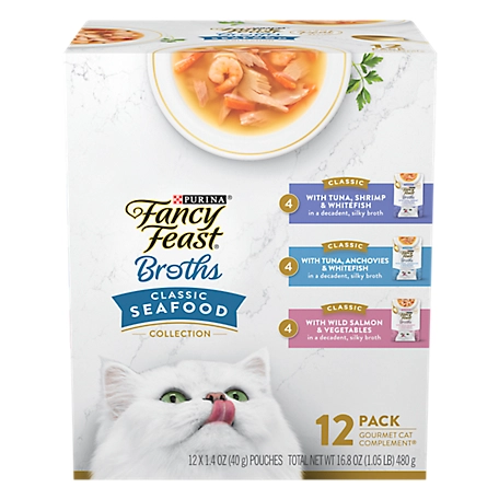 Fancy Feast Broths Classic Collection Limited Ingredient Wet Cat Food Complement Variety pk., 1.4 oz. Pouches, Pack of 12