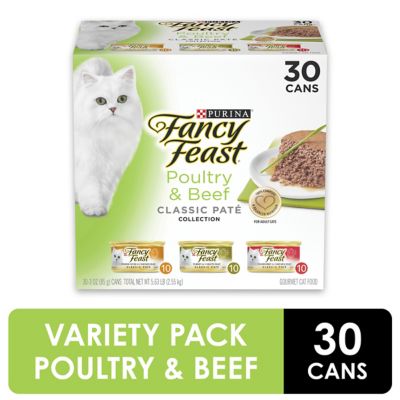 Fancy Feast Classic Adult Grain-Free Chicken, Turkey and Beef Pate Wet Cat Food Variety pk., 3 oz. Can, Pack of 30