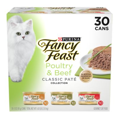 Fancy Feast Classic Adult Grain-Free Chicken, Turkey and Beef Pate Wet Cat Food Variety pk., 3 oz. Can, Pack of 30