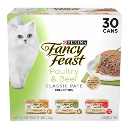 Fancy Feast Classic Adult Grain-Free Chicken Turkey and Beef Pâté for Cats - Wet Food Variety Pack 3 oz Pack of 30 Cans Wet Cat Food