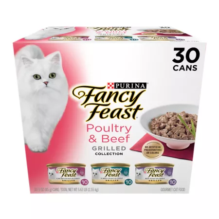 Fancy Feast Adult Grilled Turkey Chicken and Beef in Gravy Wet Cat Food Variety pk 3 oz Pack of 30 Cans Wet Cat Food