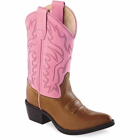 Old West Girls' Narrow J-Toe Western Boots, 2-Row Stitch, 9 in., Brown/Pink