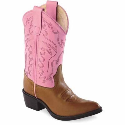 Old West Girls' Narrow J-Toe Western Boots, 9 in., 2-Row Stitch, Brown/Pink