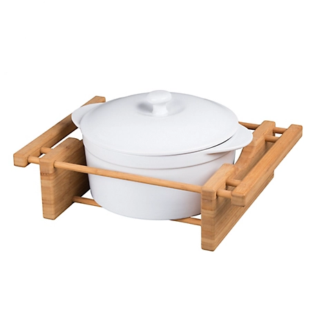 Creative Home Grand Buffet Covered Casserole Stoneware Dish with Bamboo Serving Cradle