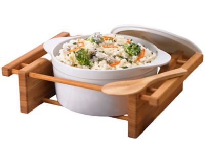 Image showing  Grand Buffet Covered Casserole Stoneware Dish with Bamboo Serving Cradle