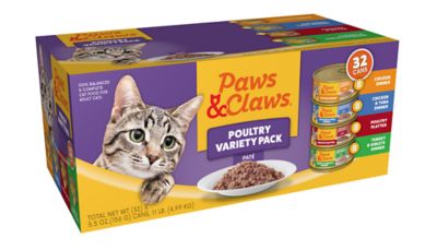 Paws & Claws Adult/Kitten Minced Chicken/Tuna/Turkey Wet Cat Food Variety Pack, 5.5 oz., Pack of 32 Cans
