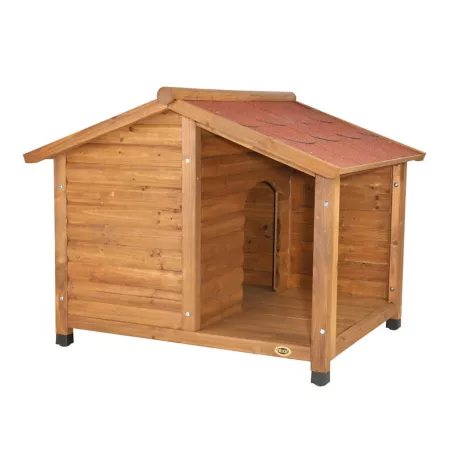 TRIXIE Natura Outdoor Lodge Style Wooden Kennel with Covered Porch Hinged Roof and Adjustable Legs Brown Medium Dog Houses