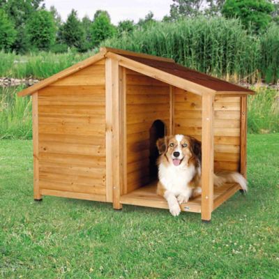 Image showing  Natura Lodge-Style Outdoor Wooden Dog House with Covered Porch, Hinged Roof and Adjustable Legs, Brown, Medium