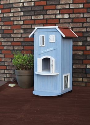 TRIXIE natura 3-Story Small Indoor Cat Condo or Weatherproof Outdoor Cat House, 2 Entrances, Blue