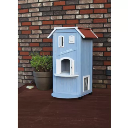 TRIXIE Natura Wooden Cat House 3 Tier Weather Resistant Indoor/Outdoor with 2 Entrances Blue Small Outdoor Cat Houses