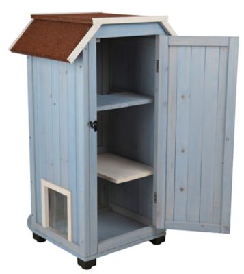 Image showing  3-Story Natura Weatherproof Indoor/Outdoor Wooden Cat House with 2 Entrances, Blue, Small