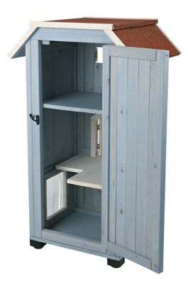 Image showing  3-Story Natura Weatherproof Indoor/Outdoor Wooden Cat House with 2 Entrances, Blue, Small