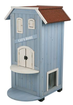 Image showing 5 th TRIXIE 3-Story Natura Weatherproof Indoor/Outdoor Wooden Cat House with 2 Entrances, Blue, Small