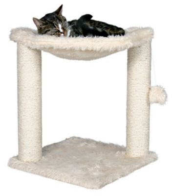 Image showing  Plush Fabric Baza Cat Scratching Post with Hammock, Brush Scratcher and Dangling Pom-Pom, 19.5 in., Cream