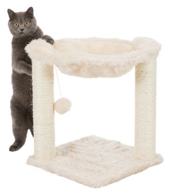 Image showing  Plush Fabric Baza Cat Scratching Post with Hammock, Brush Scratcher and Dangling Pom-Pom, 19.5 in., Cream